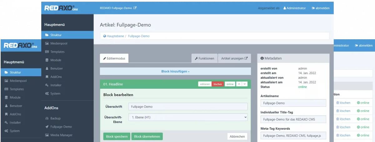 Screenshot REDAXO-Backend